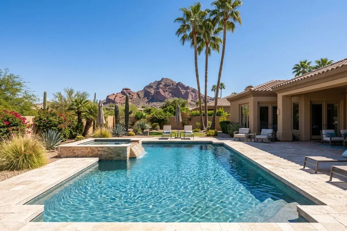 Phoenix backyard pool with Camelback Mountain in the distance
