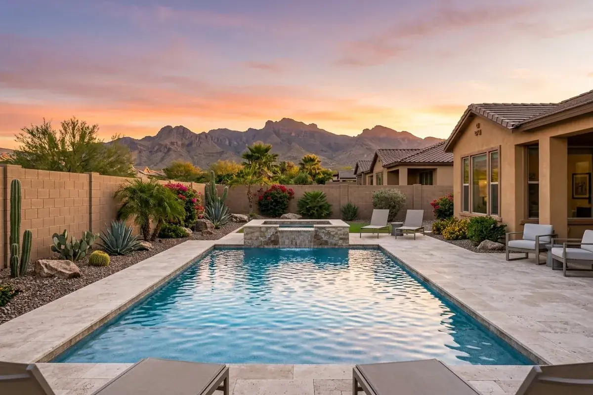 Backyard pool in Surprise, Arizona at sunset