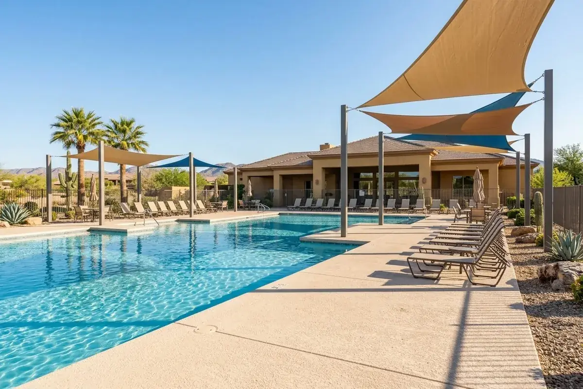 Clean community pool with shade sails in Arizona