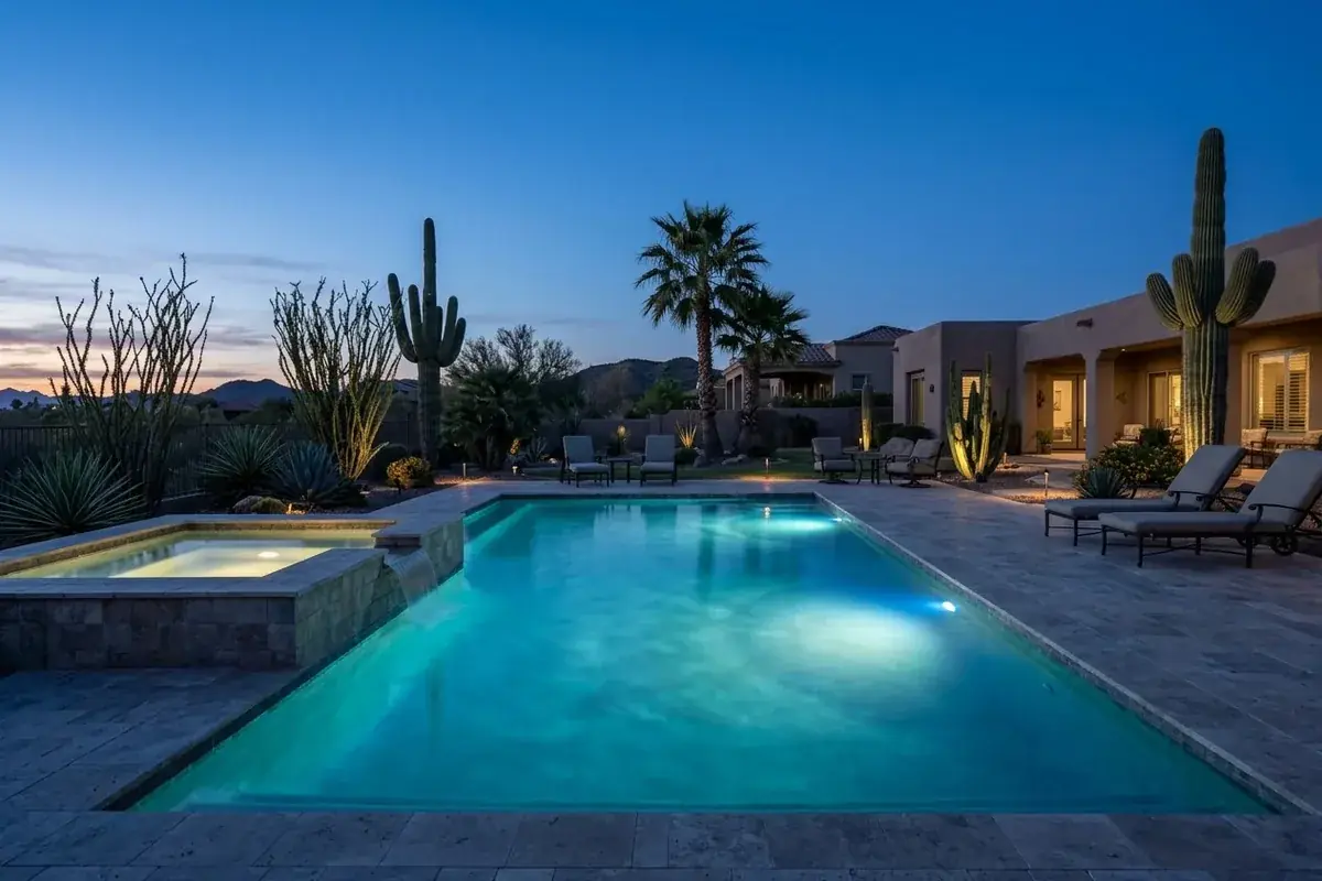 Arizona backyard pool with underwater lights at dusk