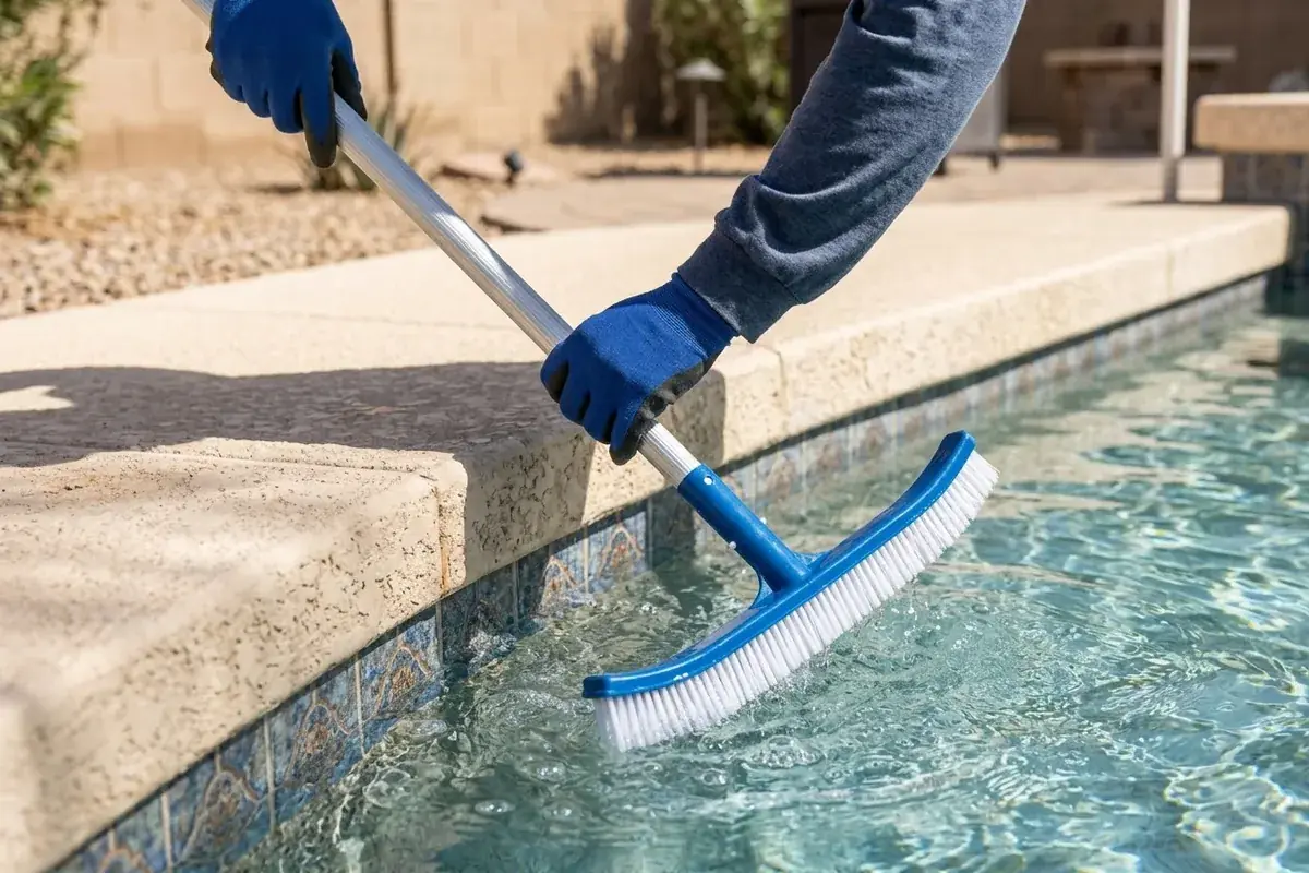 Technician brushing the tile line of a clear Arizona pool